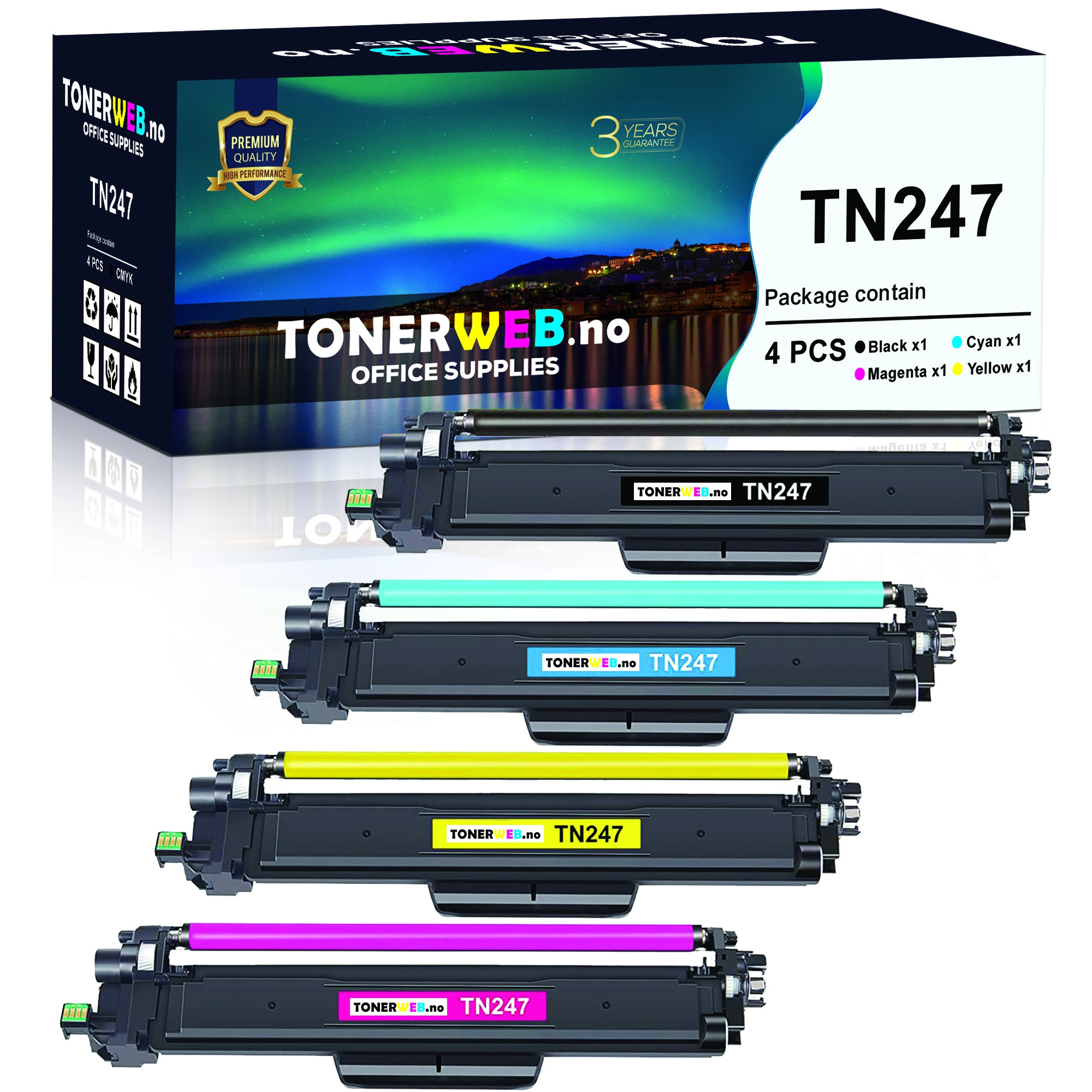 BildeTonerkassett, erstatter Brother TN247 CMYK BK/C/M/Y 4 stk (3000 sider sort, 2.300 sider fargene)
