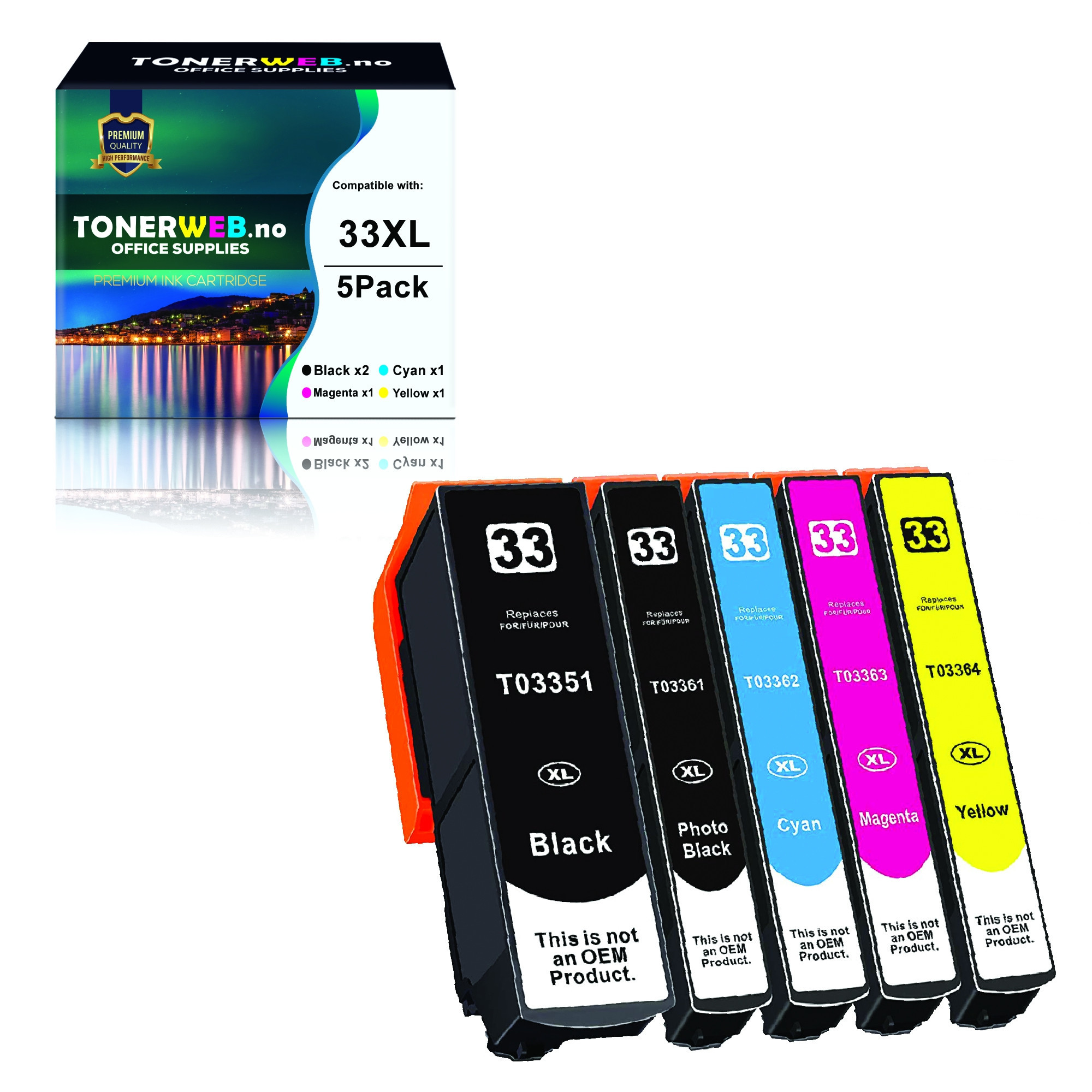 BildeEpson Blekkpakke BK/PBK/C/M/Y 33XL (1x24,4 ml sort/ 4x13,8 ml farge) - Erstatter T3357
