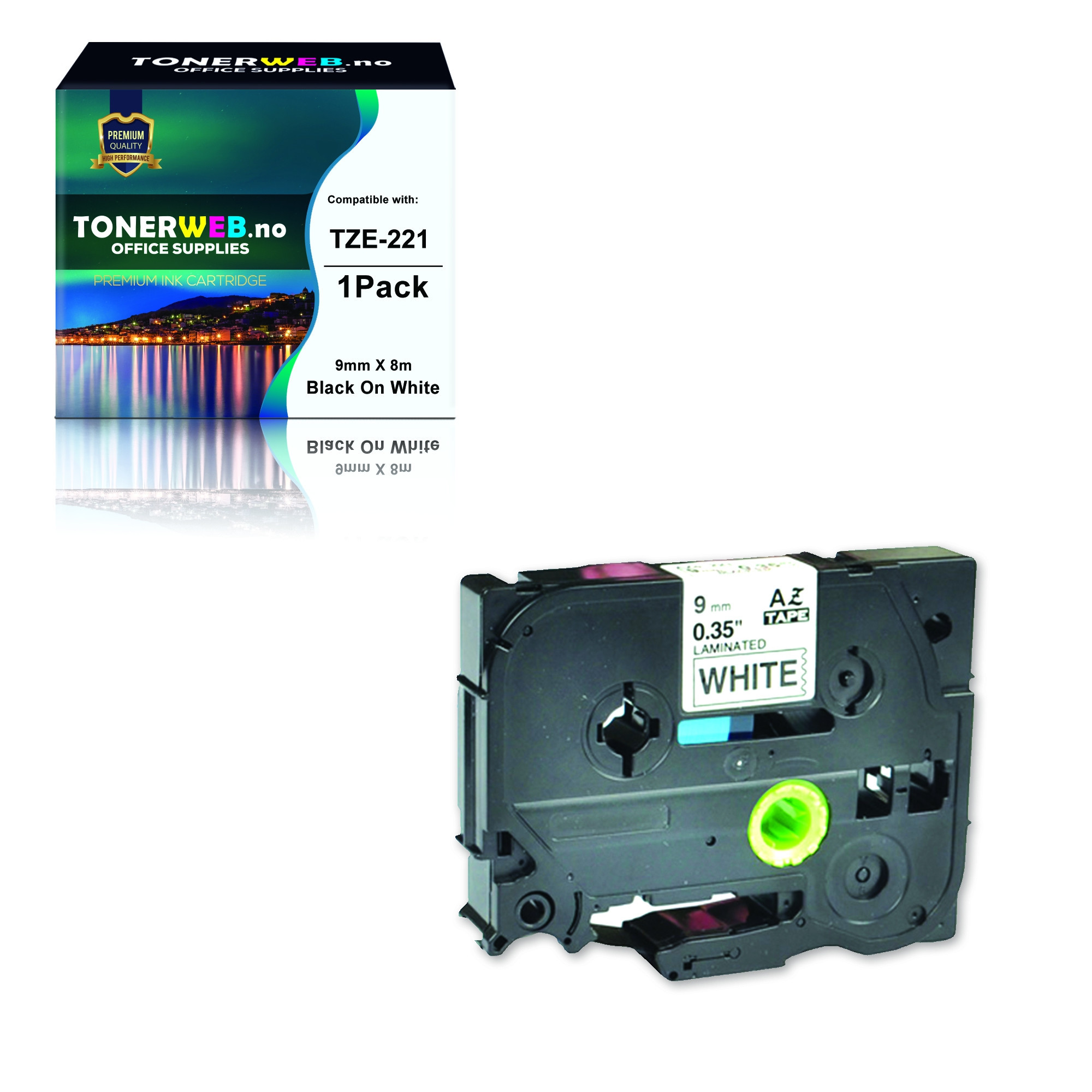 BildeBrother Tape, erstatter Brother P-Touch  TZe-221 Sort På Hvit 9mm (8m)