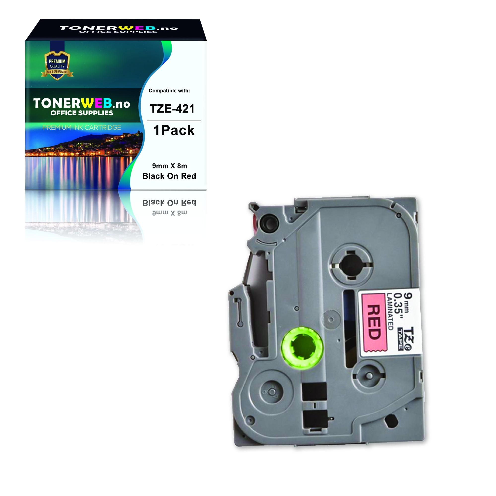 BildeBrother Tape, erstatter Brother P-Touch TZE-421 Sort På Rød 9mm (8m) 