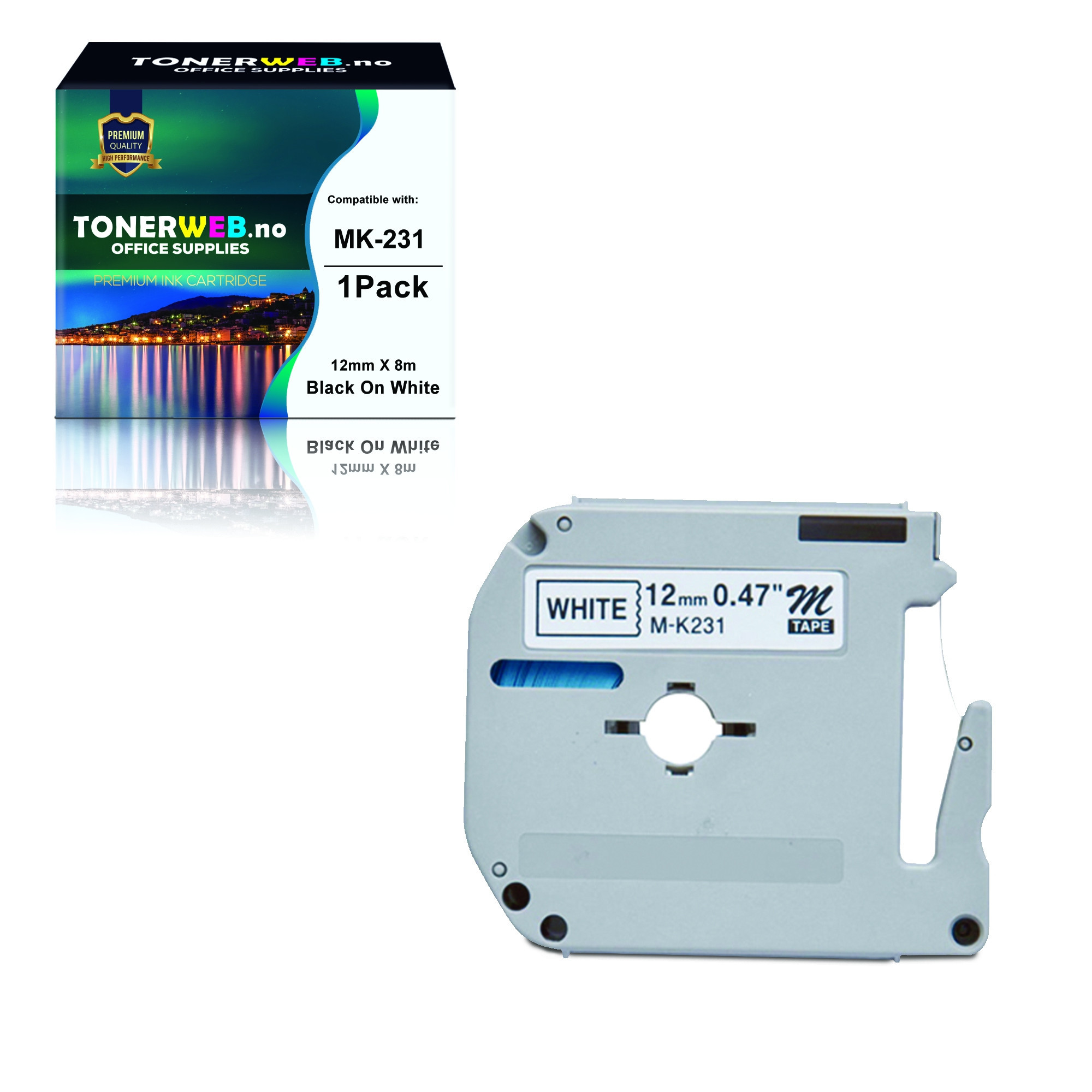 BildeBrother Tape, erstatter Brother Sort På Hvit MK231 12mm (8m) 