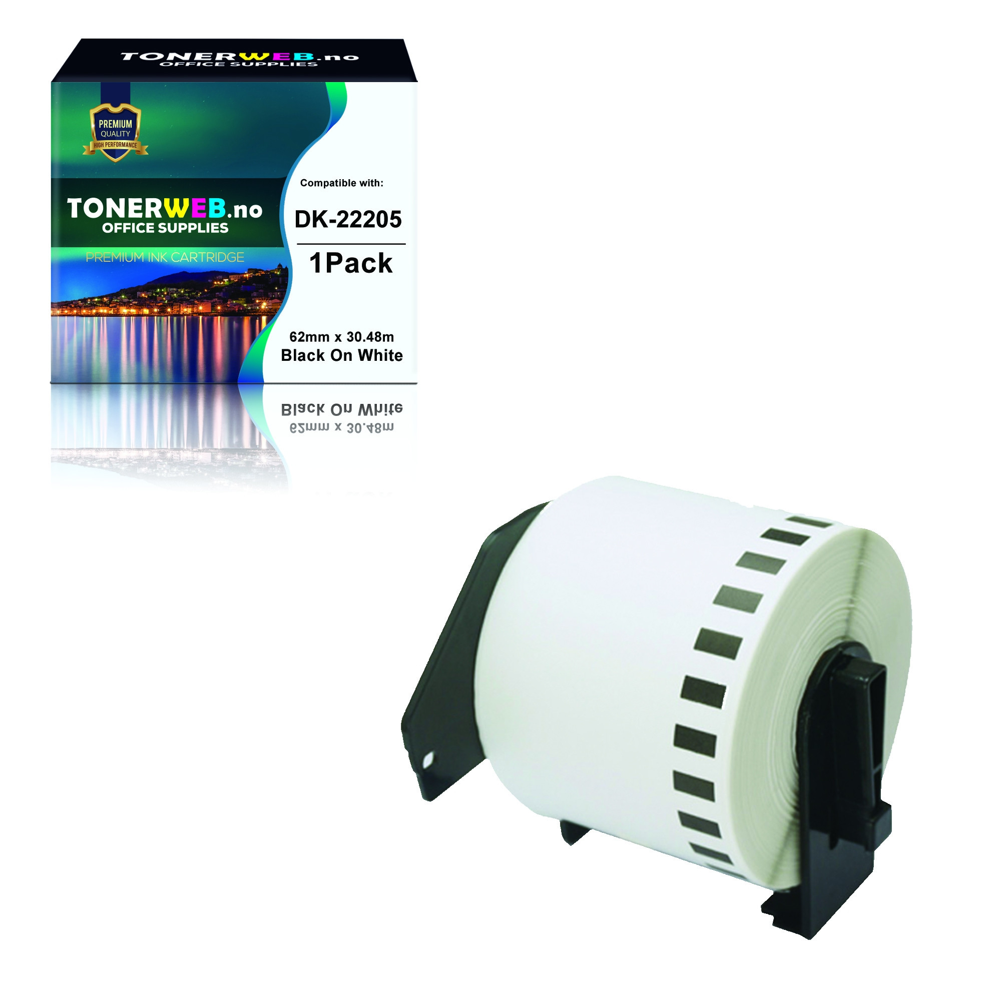 BildeLøpende Taperull, erstatter Brother DK-22205 Sort På Hvit 62mm (30.48m)