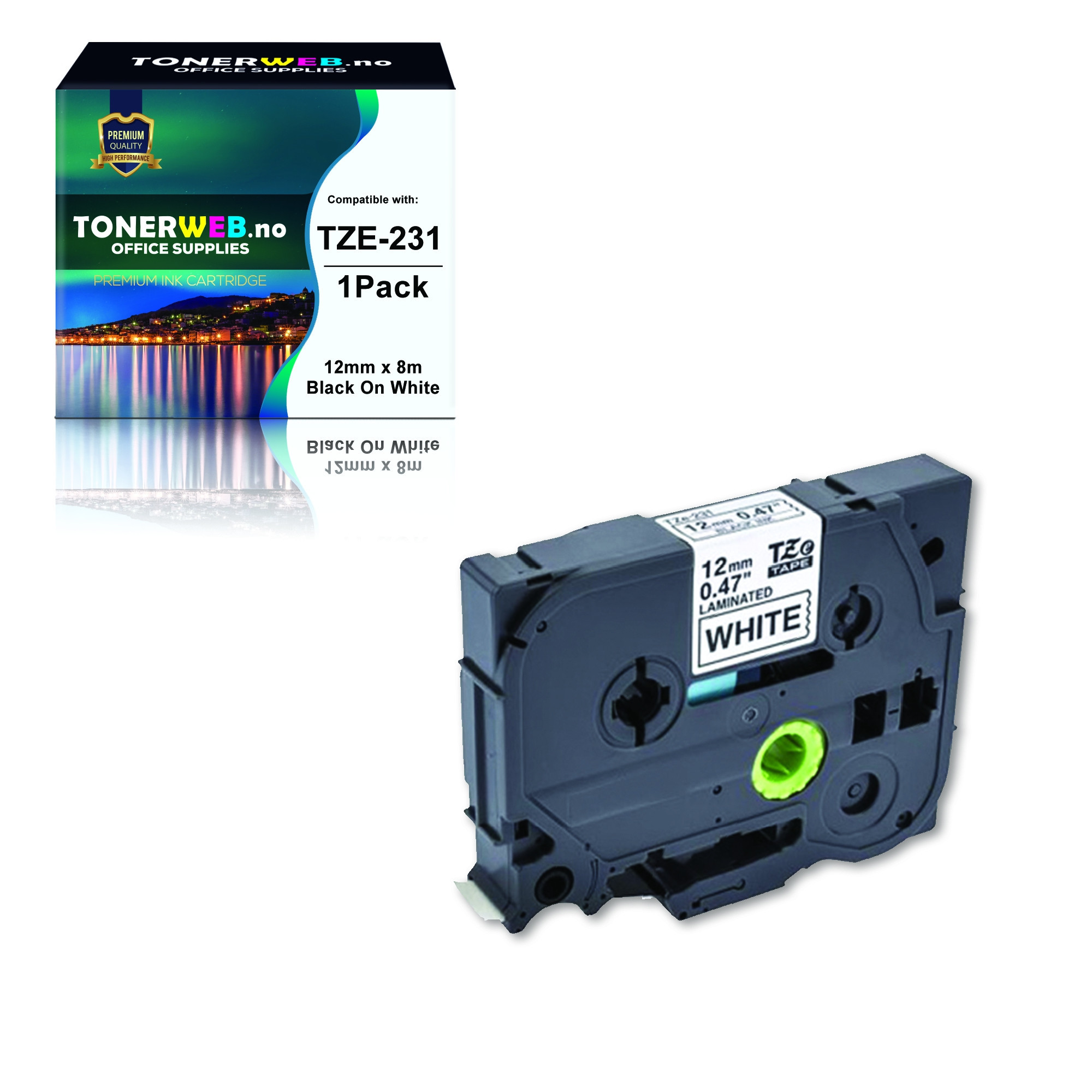 BildeBrother Tape, erstatter Brother P-Touch TZe-231 Sort På Hvit 12mm (8m)
