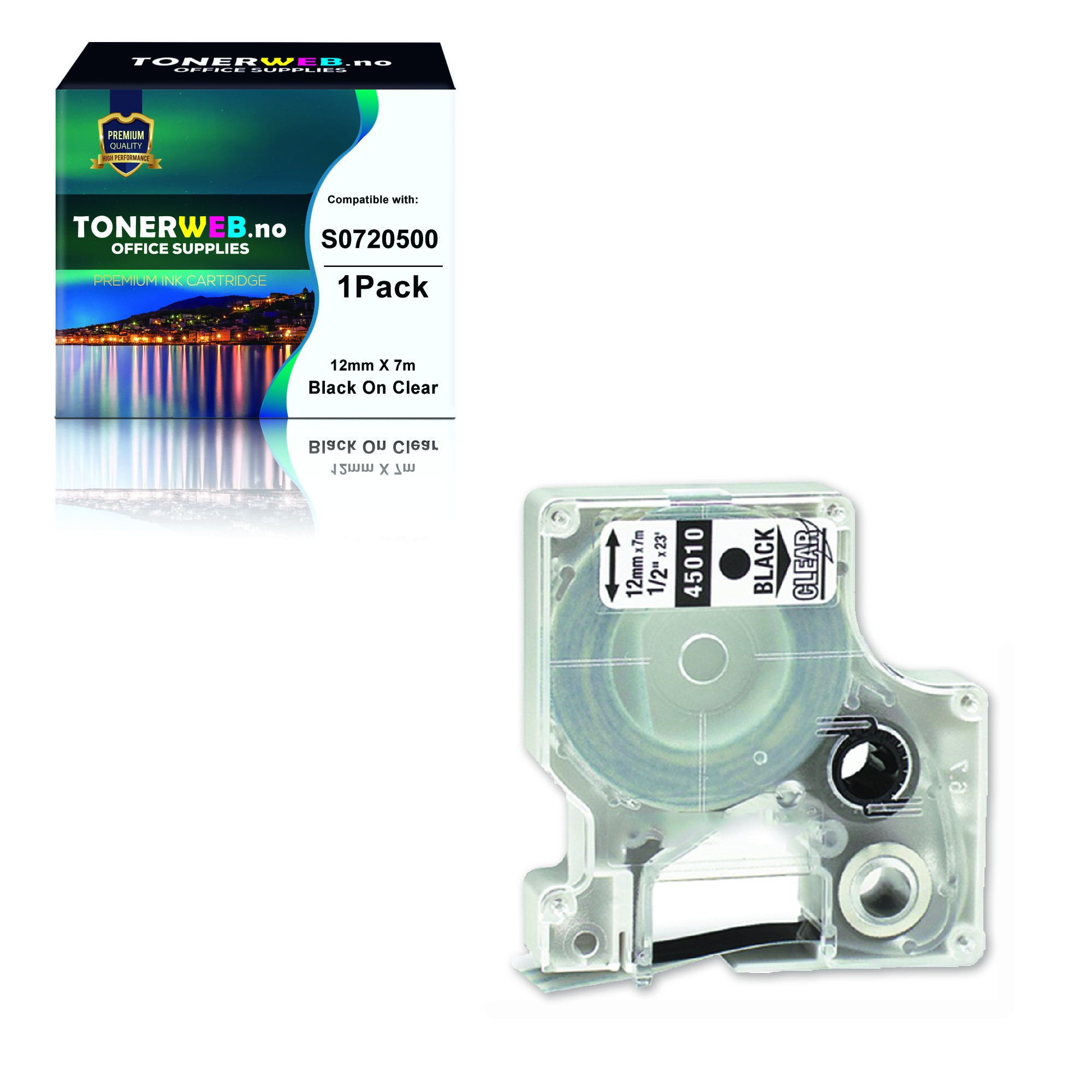 BildeDYMO Tape D1 12mm x 7m sort/klar S0720500 - Erstatter 45010