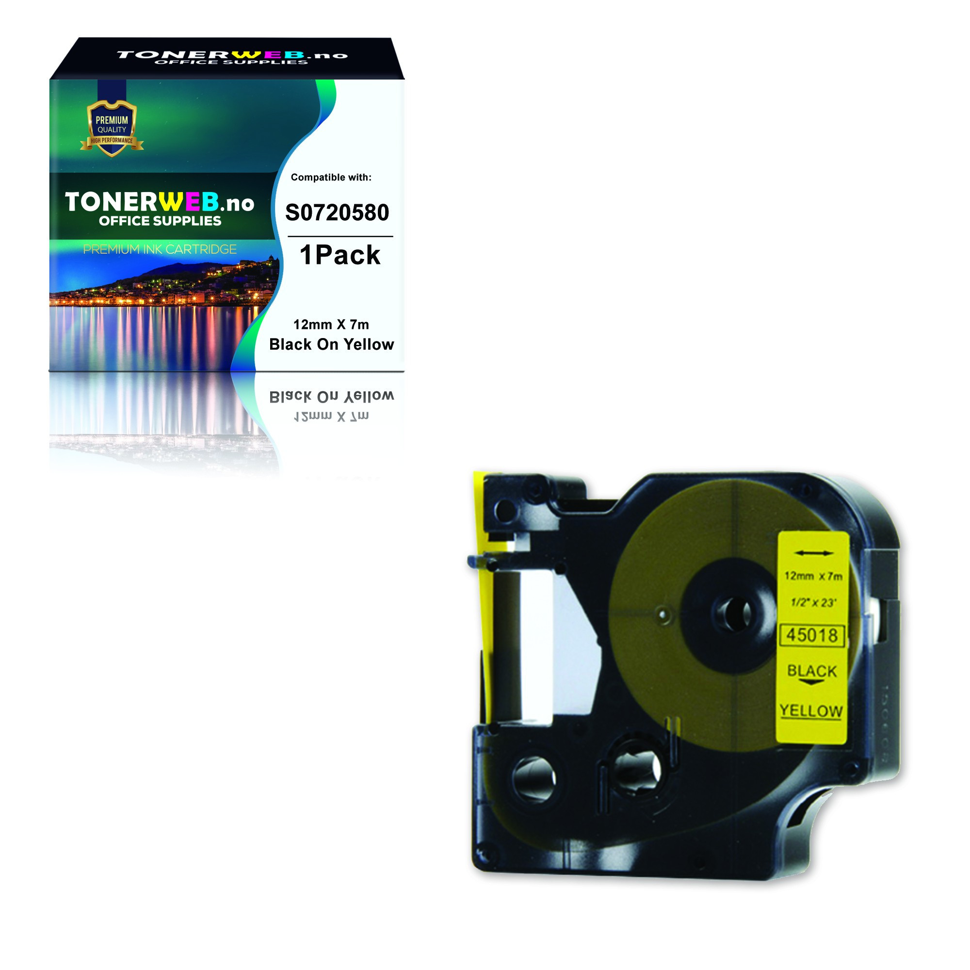 BildeDYMO Tape D1 12mm X 7m Sort På Gul SO720580 - Erstatter 45018