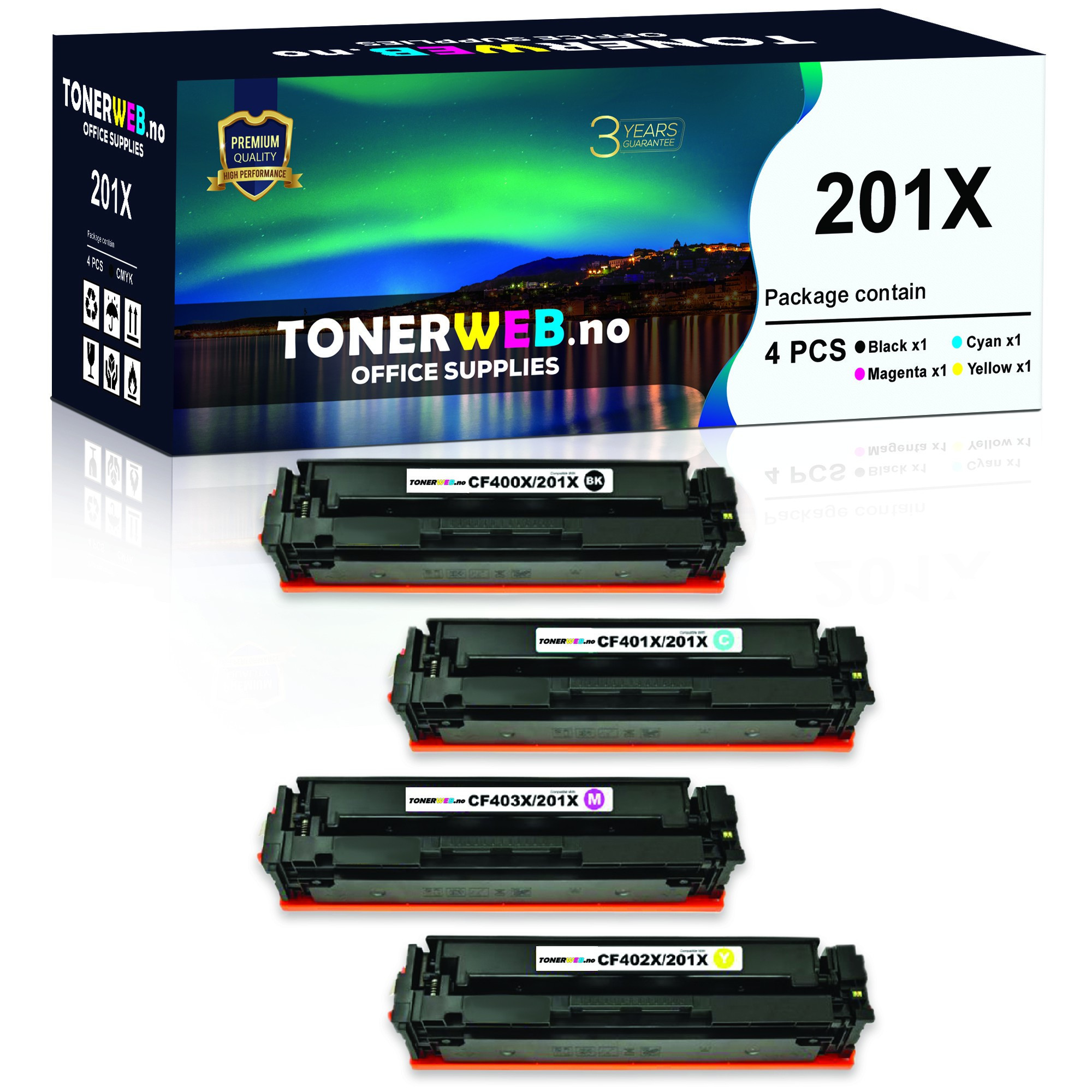 BildeTonerkassett, erstatter HP 201X B/C/M/Y 4 stk. CF400X/CF401X/CF402X/CF403X