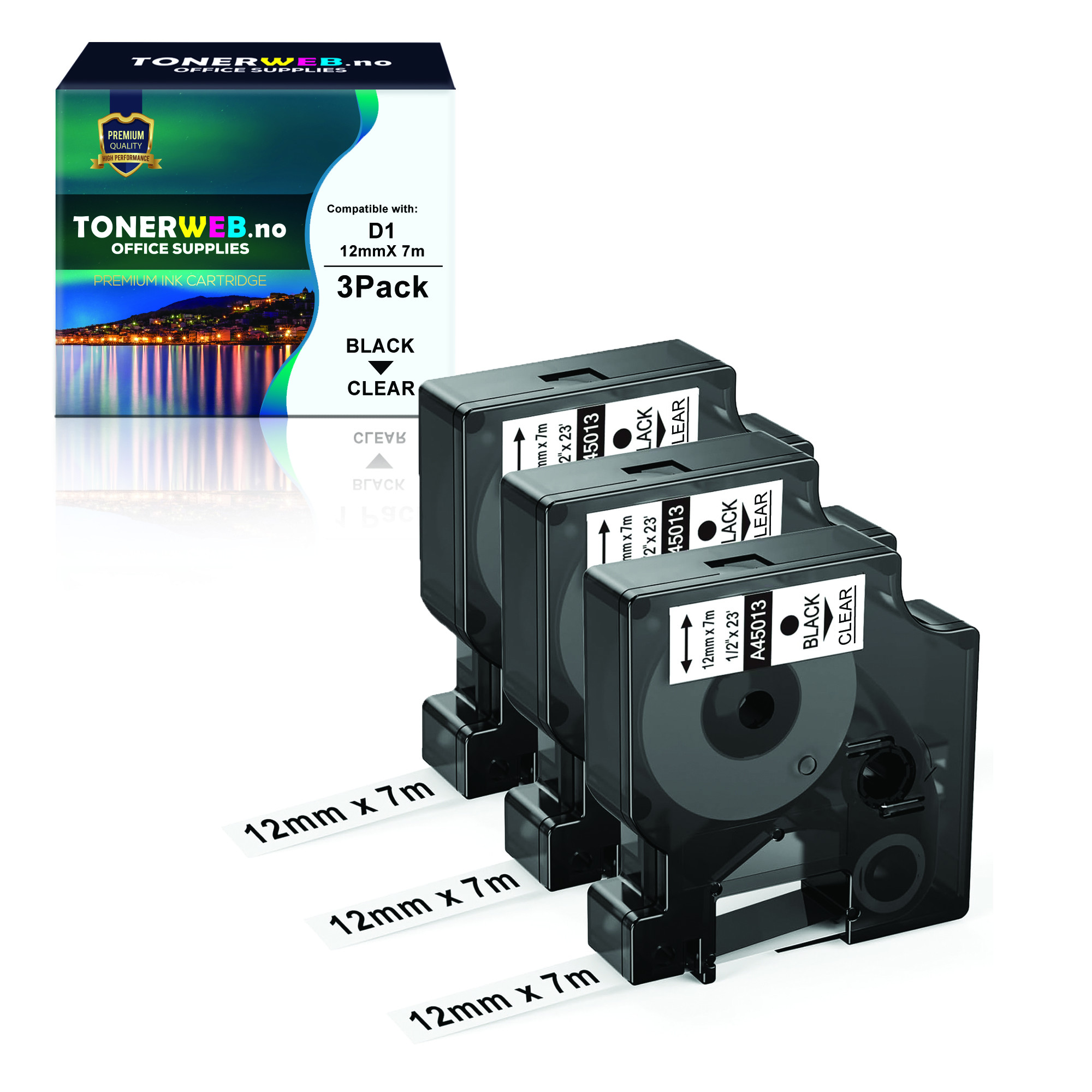 Bilde3 Pack x DYMO Tape D1 12mm x 7m sort/klar S0720500 - Erstatter 45010